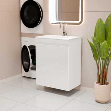 Szafka łazienkowa z umywalką biała MDF Ribera 60 z koszem na pranie