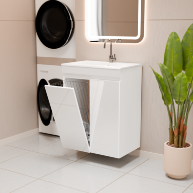 Szafka łazienkowa z umywalką biała MDF Ribera 60 z koszem na pranie