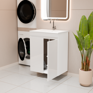 Szafka łazienkowa z umywalką biała MDF Ribera 60 z koszem na pranie