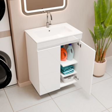 Szafka łazienkowa z umywalką biała MDF Ribera 60 z koszem na pranie