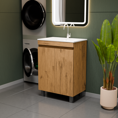 Szafka łazienkowa z umywalką dębowa Ribera 60 z koszem i półkami stojąca/wisząca