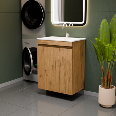 Szafka łazienkowa z umywalką dębowa Ribera 60 z koszem i półkami stojąca/wisząca