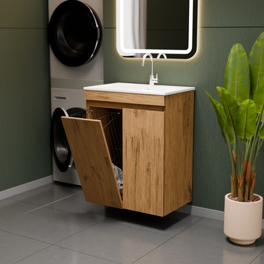 Szafka łazienkowa z umywalką dębowa Ribera 60 z koszem i półkami stojąca/wisząca