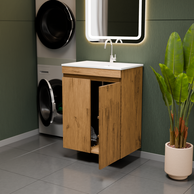 Szafka łazienkowa z umywalką dębowa Ribera 60 z koszem i półkami stojąca/wisząca