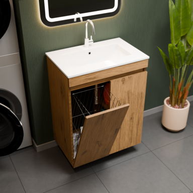 Szafka łazienkowa z umywalką dębowa Ribera 60 z koszem i półkami stojąca/wisząca