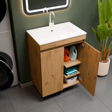 Szafka łazienkowa z umywalką dębowa Ribera 60 z koszem i półkami stojąca/wisząca