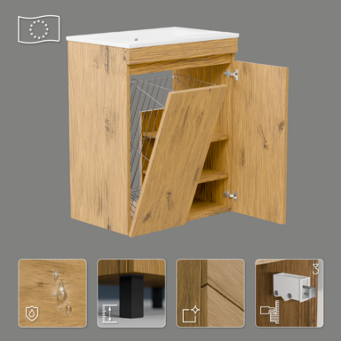 Szafka łazienkowa z umywalką dębowa Ribera 60 z koszem i półkami stojąca/wisząca