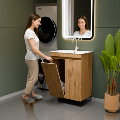 Szafka łazienkowa z umywalką dębowa Ribera 60 z koszem i półkami stojąca/wisząca