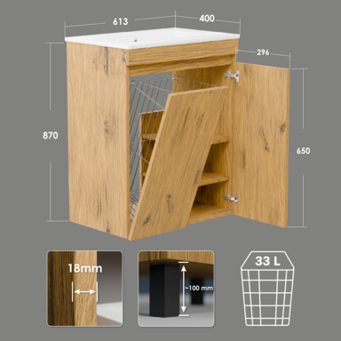 Szafka łazienkowa z umywalką dębowa Ribera 60 z koszem i półkami stojąca/wisząca