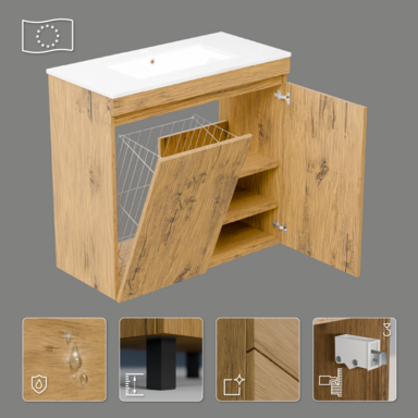 Szafka łazienkowa z umywalką Ribera 80 dąb loft kosz półki