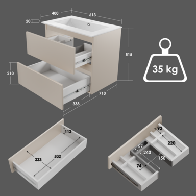 Szafka łazienkowa z Umywalką Zestaw Kaszmir 60 x 40 Wisząca Wąska Szuflady