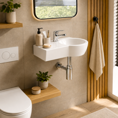 Umywalka ceramiczna wisząca ścienna narożna CERSANIT polska z blatem 50 cm