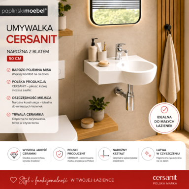 Umywalka ceramiczna wisząca ścienna narożna CERSANIT polska z blatem 50 cm
