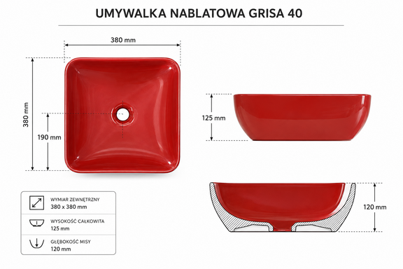Umywalka nablatowa GRISA 40 kwadratowa czerwona