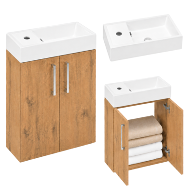 Wisząca Szafka z Umywalką Ceramiczną 40cm Dąb Lancelot