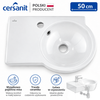 Umywalka ceramiczna wisząca ścienna narożna CERSANIT polska z blatem 50 cm